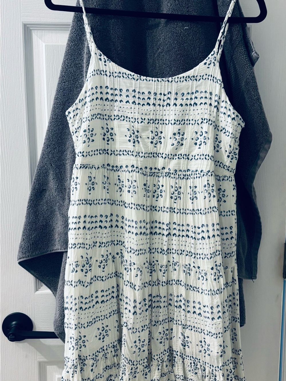 Creamy/White & Navy Patterned Spaghetti Strap Dress